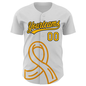 Custom White Gold-Black 3D Appendix Cancer Ribbon Authentic Baseball Jersey