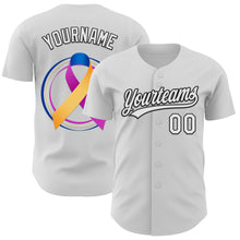 Load image into Gallery viewer, Custom White Purple Yellow Navy-Black 3D Bladder Cancer Ribbon Authentic Baseball Jersey
