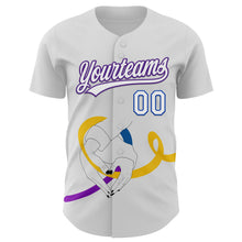 Load image into Gallery viewer, Custom White Purple Thunder Blue-Yellow 3D Bladder Cancer Ribbon Authentic Baseball Jersey
