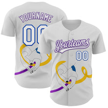 Load image into Gallery viewer, Custom White Purple Thunder Blue-Yellow 3D Bladder Cancer Ribbon Authentic Baseball Jersey
