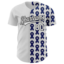 Load image into Gallery viewer, Custom White Black-Navy 3D Colorectal Cancer Ribbon Authentic Baseball Jersey
