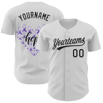 Custom White Black-Purple 3D Gastric Cancer Ribbon Authentic Baseball Jersey