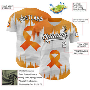 Custom White Orange-Black 3D Kidney Cancer Ribbon Authentic Baseball Jersey