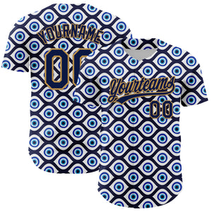 Custom White Navy-Old Gold 3D Pattern Design Evil Eyes Authentic Baseball Jersey