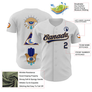 Custom White Navy-Old Gold 3D Pattern Design Evil Eyes Authentic Baseball Jersey