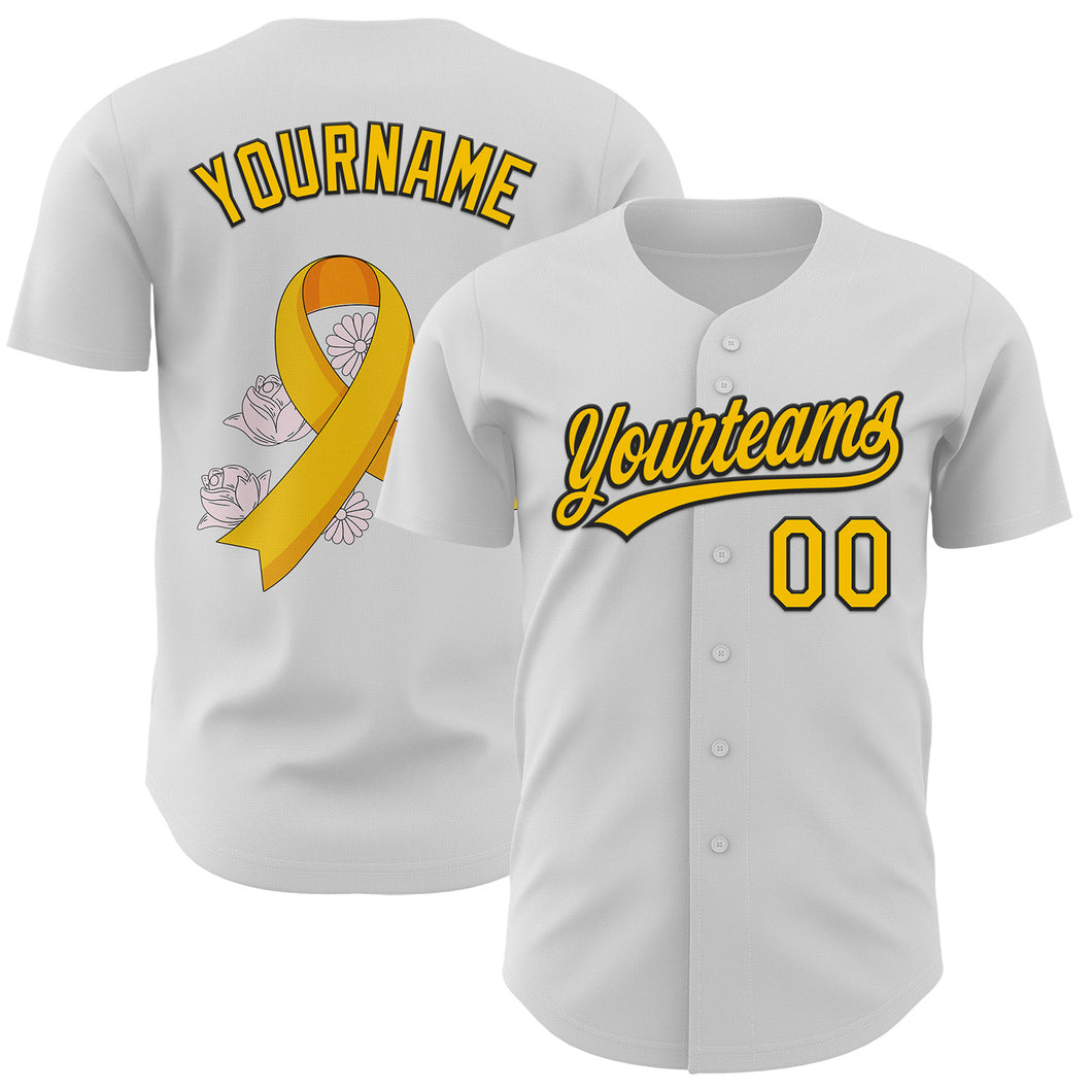 Custom White Yellow-Black 3D Childhood Cancer Gold Ribbon Authentic Baseball Jersey