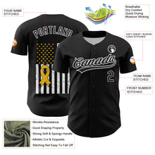 Load image into Gallery viewer, Custom Black White-Yellow 3D Childhood Cancer Gold Ribbon American Flag Authentic Baseball Jersey
