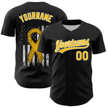 Load image into Gallery viewer, Custom Black Yellow-White 3D Childhood Cancer Gold Ribbon American Flag Authentic Baseball Jersey
