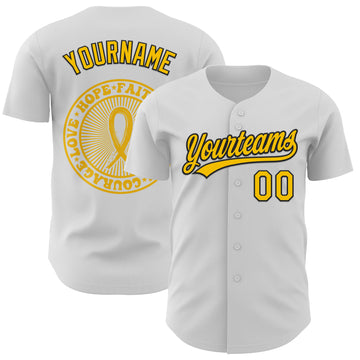 Custom White Yellow-Black 3D Childhood Cancer Gold Ribbon Authentic Baseball Jersey