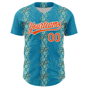 Custom Sky Blue Orange-White 3D Tropical Hawaii Jungle Leaves And Flower Authentic Baseball Jersey