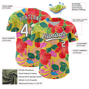 Custom Red White-Black 3D Tropical Hawaii Jungle Leaves And Flower Authentic Baseball Jersey