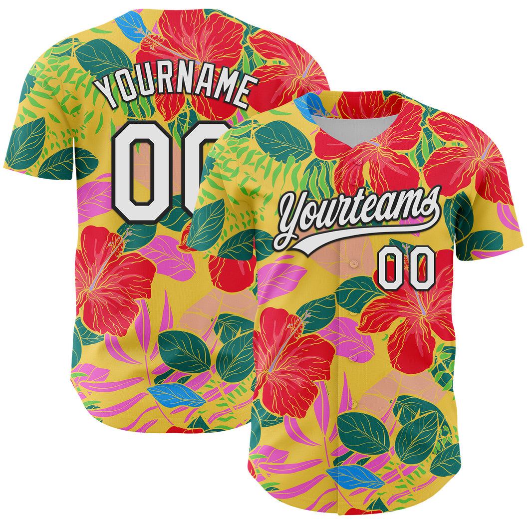 Custom Red White-Black 3D Tropical Hawaii Jungle Leaves And Flower Authentic Baseball Jersey