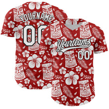 Load image into Gallery viewer, Custom Red White-Black 3D Tropical Hawaii Jungle Leaves Flower And Tiki Mask Authentic Baseball Jersey
