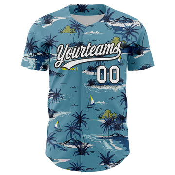 Custom Shadow Blue White-Black 3D Tropical Beach Island Hawaii Palm Tree Authentic Baseball Jersey