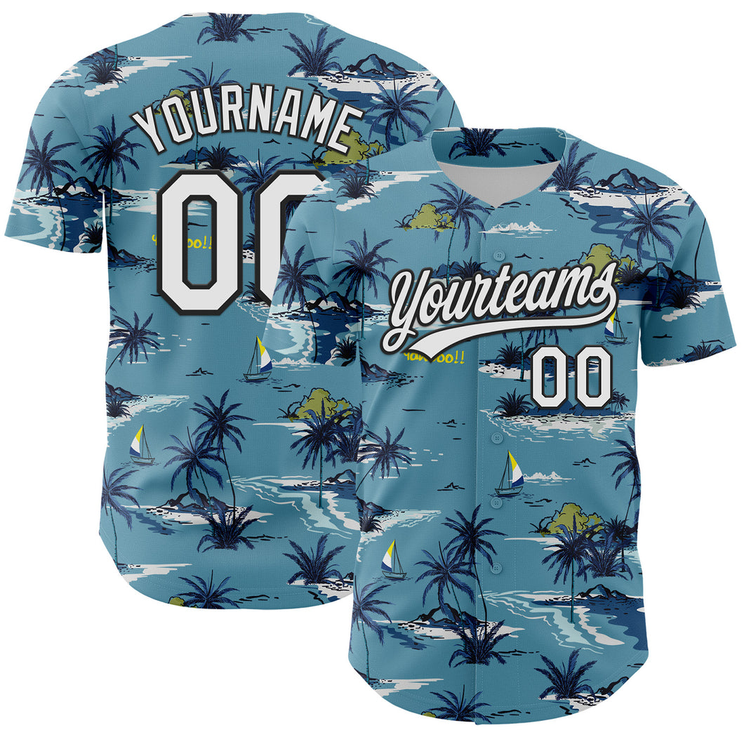 Custom Shadow Blue White-Black 3D Tropical Beach Island Hawaii Palm Tree Authentic Baseball Jersey