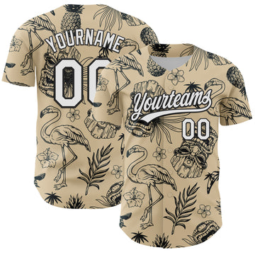 Custom City Cream White-Black 3D Tropical Hawaii Plant And Flamingo Authentic Baseball Jersey