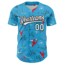 Load image into Gallery viewer, Custom Sky Blue White-Black 3D Tropical Beach Hawaii Palm Tree And Lobster Authentic Baseball Jersey
