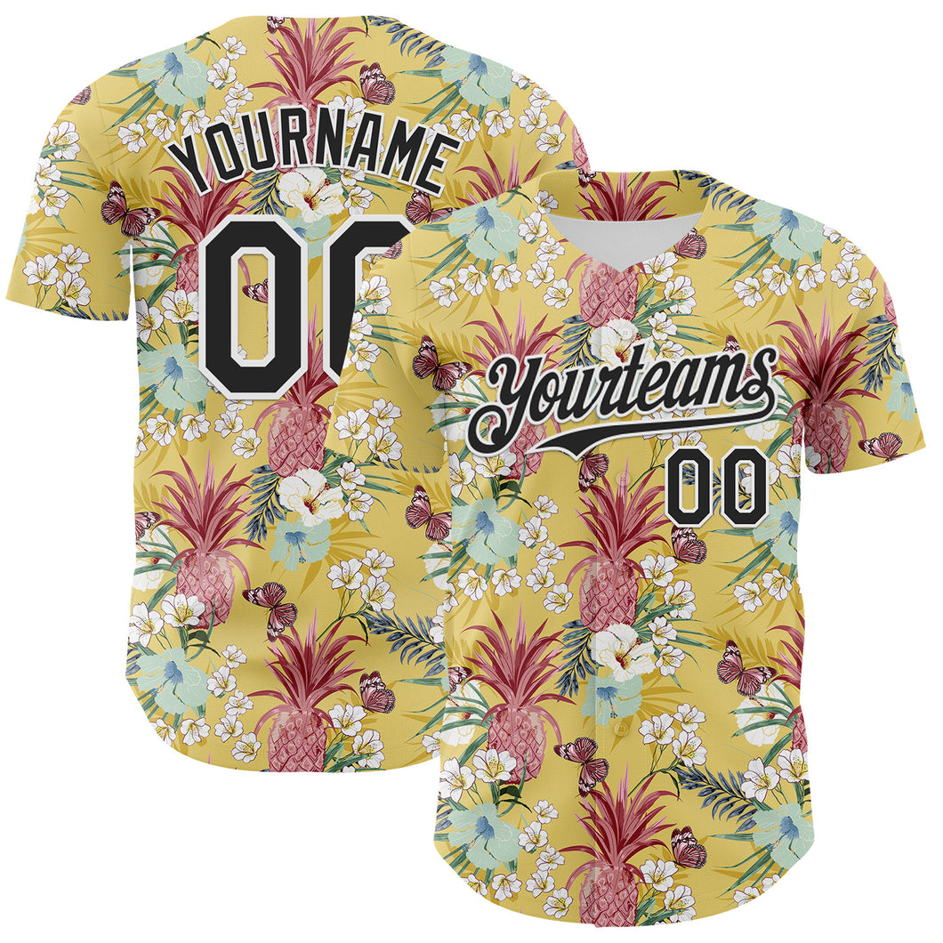 Custom Yellow Black-White 3D Hawaii Tropical Leaves Flower Pineapple Authentic Baseball Jersey