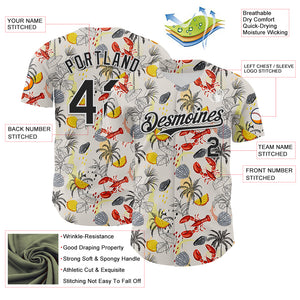 Custom Cream Black-White 3D Hawaii Tropical Palm Tree Lobster Authentic Baseball Jersey