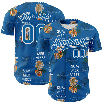 Custom Blue White 3D Hawaii Tropical Leaves Summer Vibes Authentic Baseball Jersey