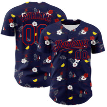 Load image into Gallery viewer, Custom Navy Red 3D Hawaii Tropical Leaves And Flowers Authentic Baseball Jersey
