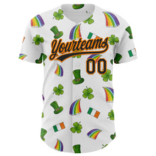 Load image into Gallery viewer, Custom White Black Bay Orange-Green 3D St. Patrick&#39;s Day Shamrock Authentic Baseball Jersey
