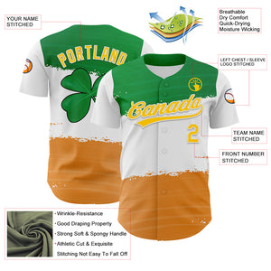 Custom Green Yellow-Texas Orange 3D St. Patrick's Day Shamrock Authentic Baseball Jersey