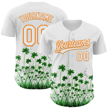 Custom White Bay Orange-Green 3D St. Patrick's Day Shamrock Authentic Baseball Jersey