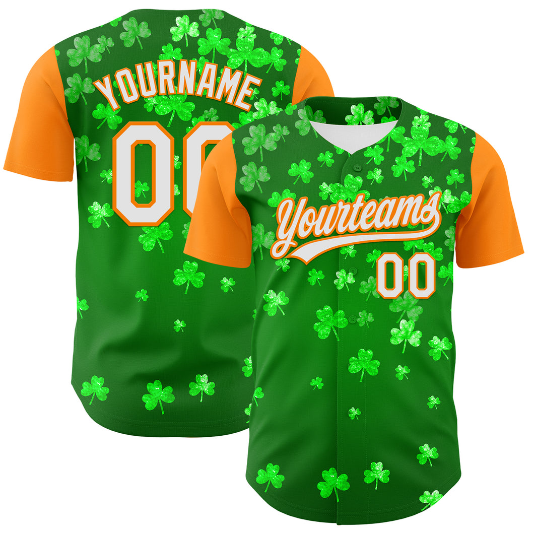 Custom Green White-Bay Orange 3D St. Patrick's Day Shamrock Authentic Baseball Jersey