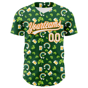 Custom Green White-Bay Orange 3D St. Patrick's Day Shamrock Beer Authentic Baseball Jersey