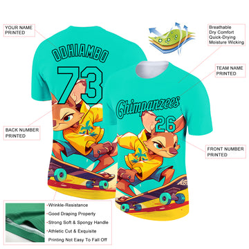 Custom Aqua Black 3D Pattern Design Extreme Sport Cartoon Animal Kangaroo Skateboarding Performance T-Shirt