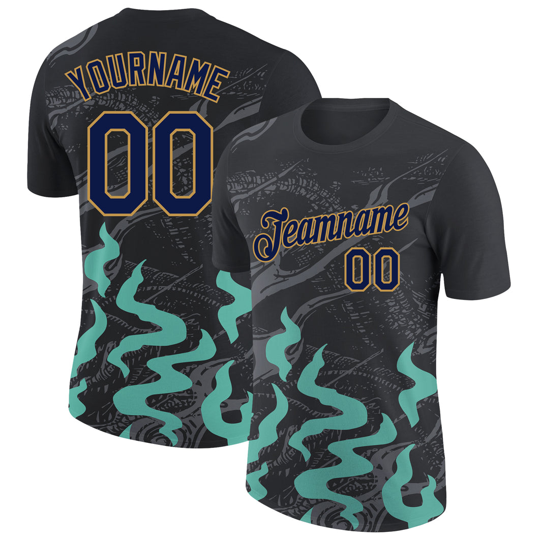 Custom Black Navy Aqua Gray-Old Gold 3D Esports Performance T-Shirt