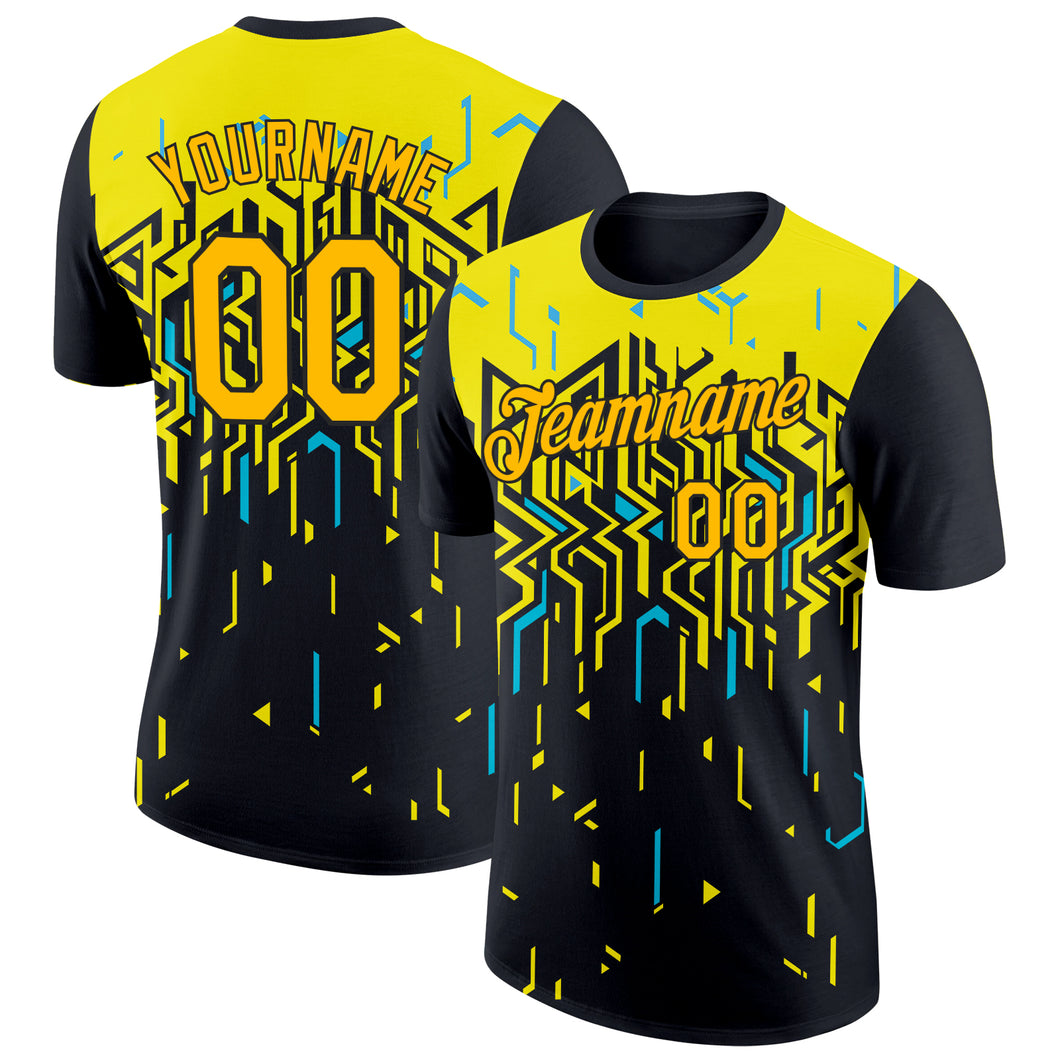 Custom Black Gold Light Yellow-Sky Blue 3D Esports Performance T-Shirt