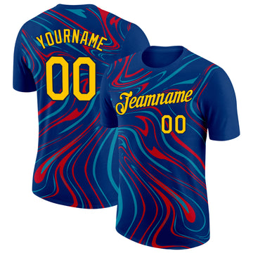 Custom US Navy Blue Yellow Teal Fire Red-Navy 3D Esports Performance T-Shirt