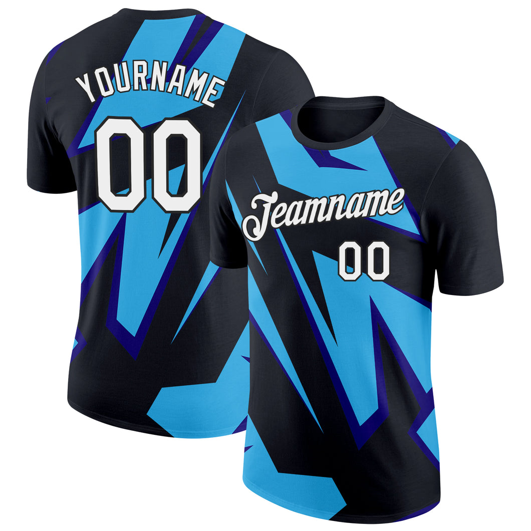 Custom Black Sky Blue-Dark Purple 3D Esports Performance T-Shirt