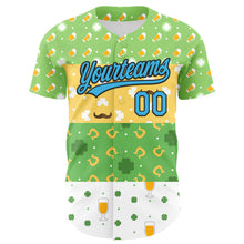 Load image into Gallery viewer, Custom Green Sky Blue Light Yellow-Black 3D St. Patrick&#39;s Day Shamrock Beer Authentic Baseball Jersey
