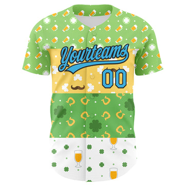 Custom Green Sky Blue Light Yellow-Black 3D St. Patrick's Day Shamrock Beer Authentic Baseball Jersey