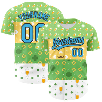 Custom Green Sky Blue Light Yellow-Black 3D St. Patrick's Day Shamrock Beer Authentic Baseball Jersey