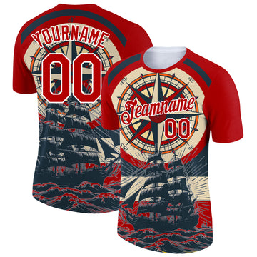 Custom Red White 3D Pattern Design Sailing Ship Compass Columbus Day Performance T-Shirt