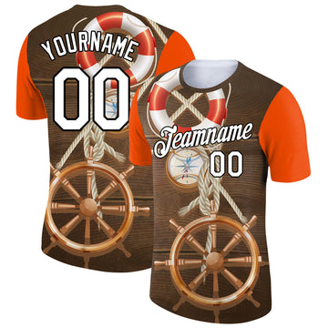 Custom Brown Orange-Black 3D Pattern Design Sailing Ship Wheel Lifebuoy Compass Columbus Day Performance T-Shirt