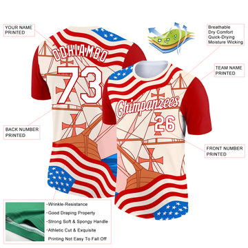 Custom City Cream White-Red 3D Pattern Design Sailing Ship Columbus Day American Flag Performance T-Shirt