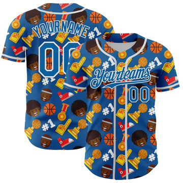 Custom Blue White Comic Doodle Ballgame 3D Pattern Design Authentic Baseball Jersey