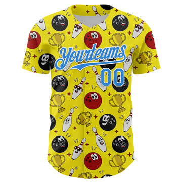 Custom Light Yellow Electric Blue-White Comic Doodle Ballgame 3D Pattern Design Authentic Baseball Jersey