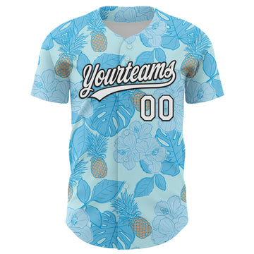 Custom Ice Blue White-Black 3D Hawaii Tropical Palm Leaves And Fruit Pineapple Authentic Baseball Jersey