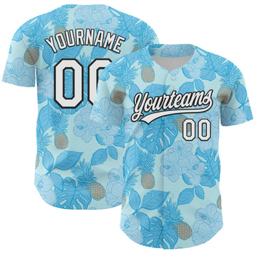 Custom Ice Blue White-Black 3D Hawaii Tropical Palm Leaves And Fruit Pineapple Authentic Baseball Jersey