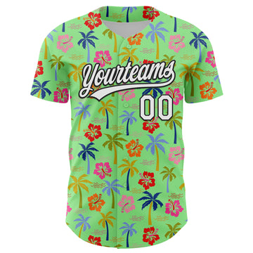 Custom Pea Green White-Black 3D Hawai Tropical Palm Tree And Flower Authentic Baseball Jersey