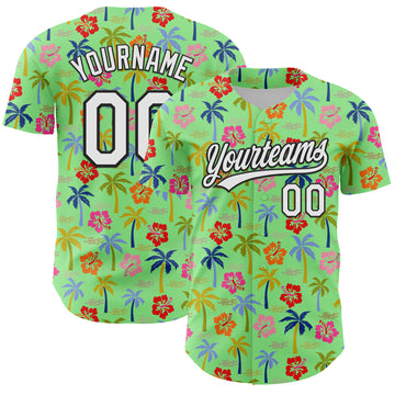 Custom Pea Green White-Black 3D Hawai Tropical Palm Tree And Flower Authentic Baseball Jersey