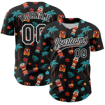 Custom Black White 3D Hawai Tropical Palm Tree Flower And Tiki Mask Authentic Baseball Jersey