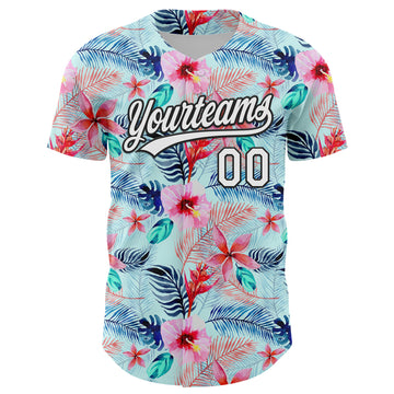 Custom Ice Blue White-Black 3D Hawaii Tropical Palm Leaves And Flower Authentic Baseball Jersey