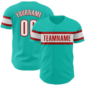 Custom Aqua White-Red Authentic Baseball Jersey